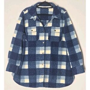 Soft‎ Surroundings Plaid Sherpa Jacket Womens 1X Blue Snap Shacket Heavyweight